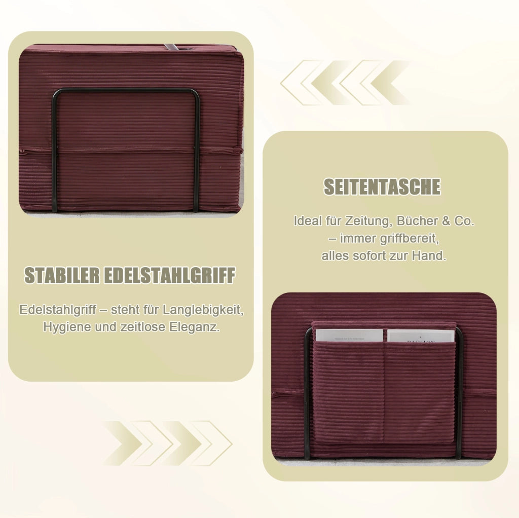 Divano 2 posti modulare 162x78x66 cm in velluto a coste con tasche laterali; rosso vino
