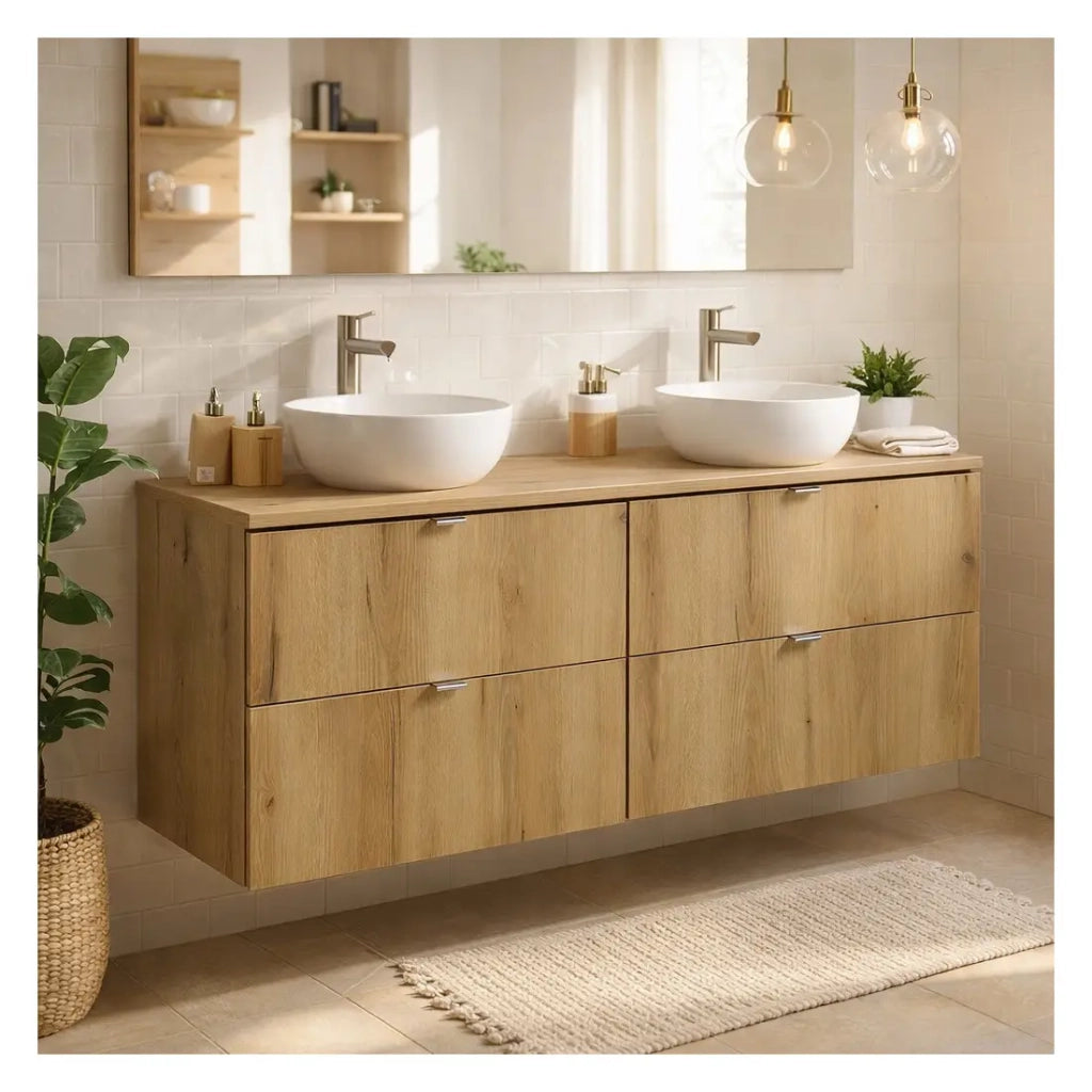 Set da bagno sospeso VANO effetto rovere 120cm: mobili con cassetti sotto il lavabo + piano per lavabo