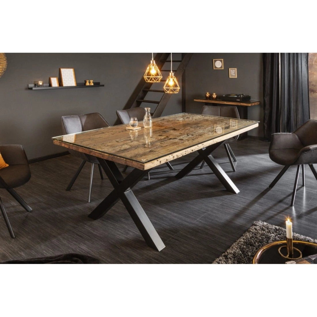 Tavolo da pranzo RAFTA 180 cm – Piano in legno massello di teak e vetro temperato – Gambe a X in metallo nero