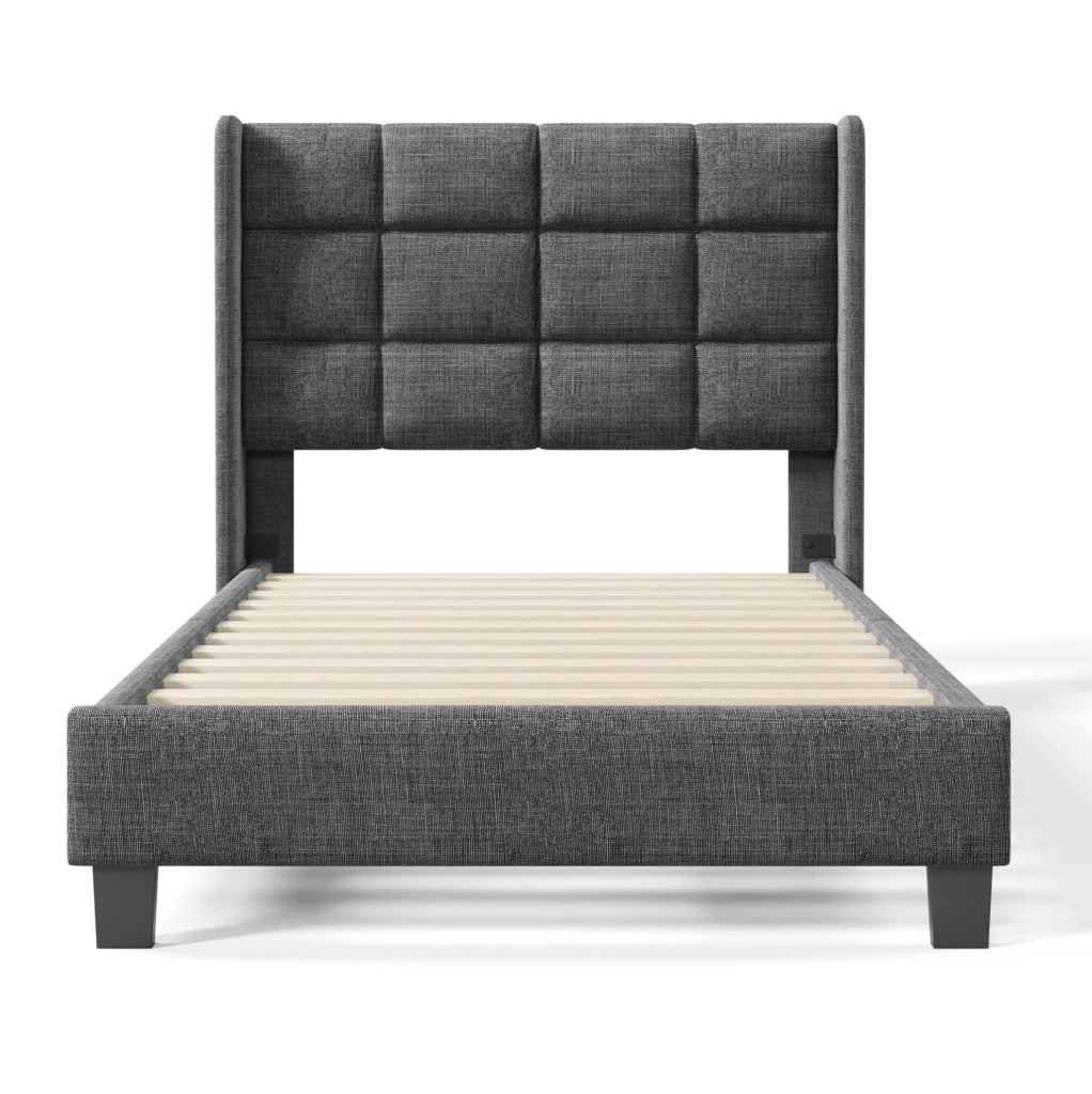 Letto singolo 90x200 cm con testiera imbottita e rete a doghe; tessuto grigio