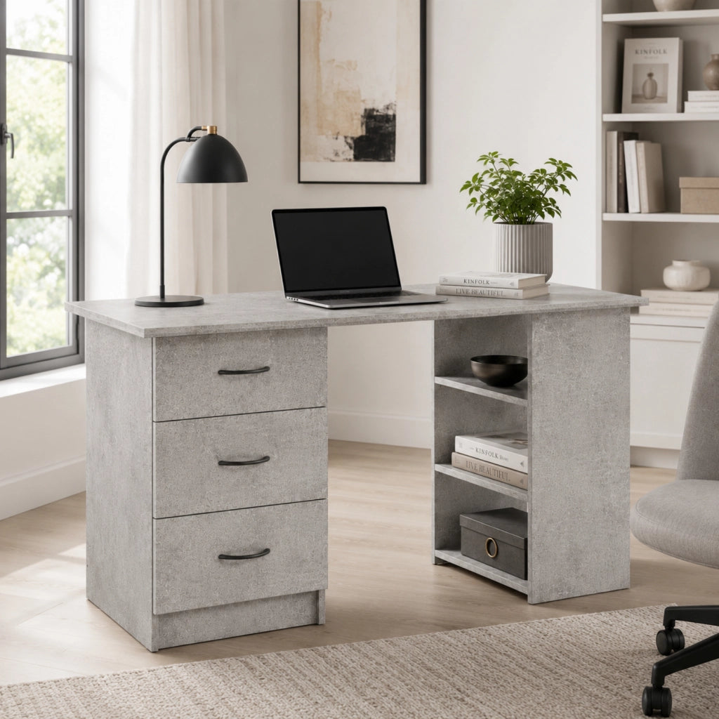 Scrivania Per Studio Con 3 Cassetti E 3 Vani A Giorno Scrittoio In MDF Resistente Dallo Stile Minimal Per Ufficio Cameretta E Smart Working 120 x 49 x 72 Cm Grigio Cemento