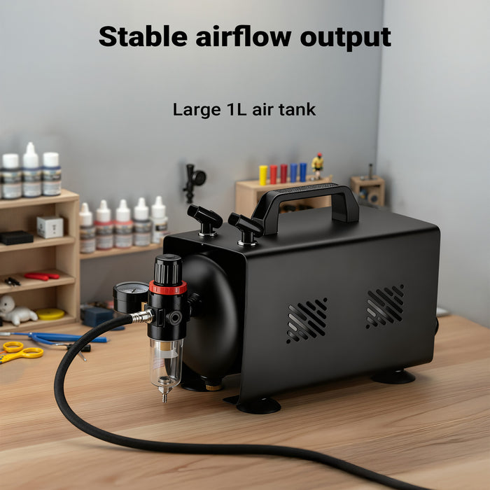 Compressore aerografo AS18TB 1/6 CV, con portata d'aria 20-23 l/min, compressore silenzioso per pistola aerografo con serbatoio da 1 litro, aria compressa per aerografia
