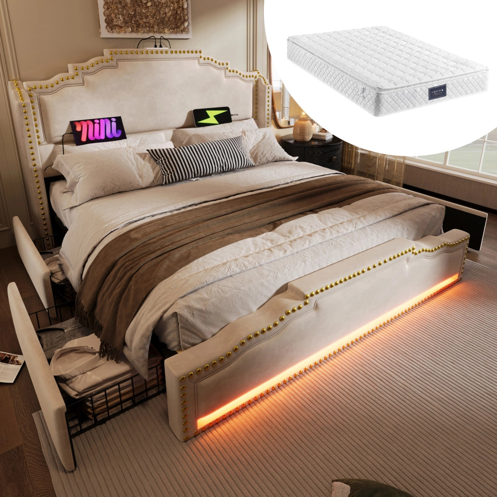 Letto imbottito 140x200 cm beige con LED, cassetti e materasso
