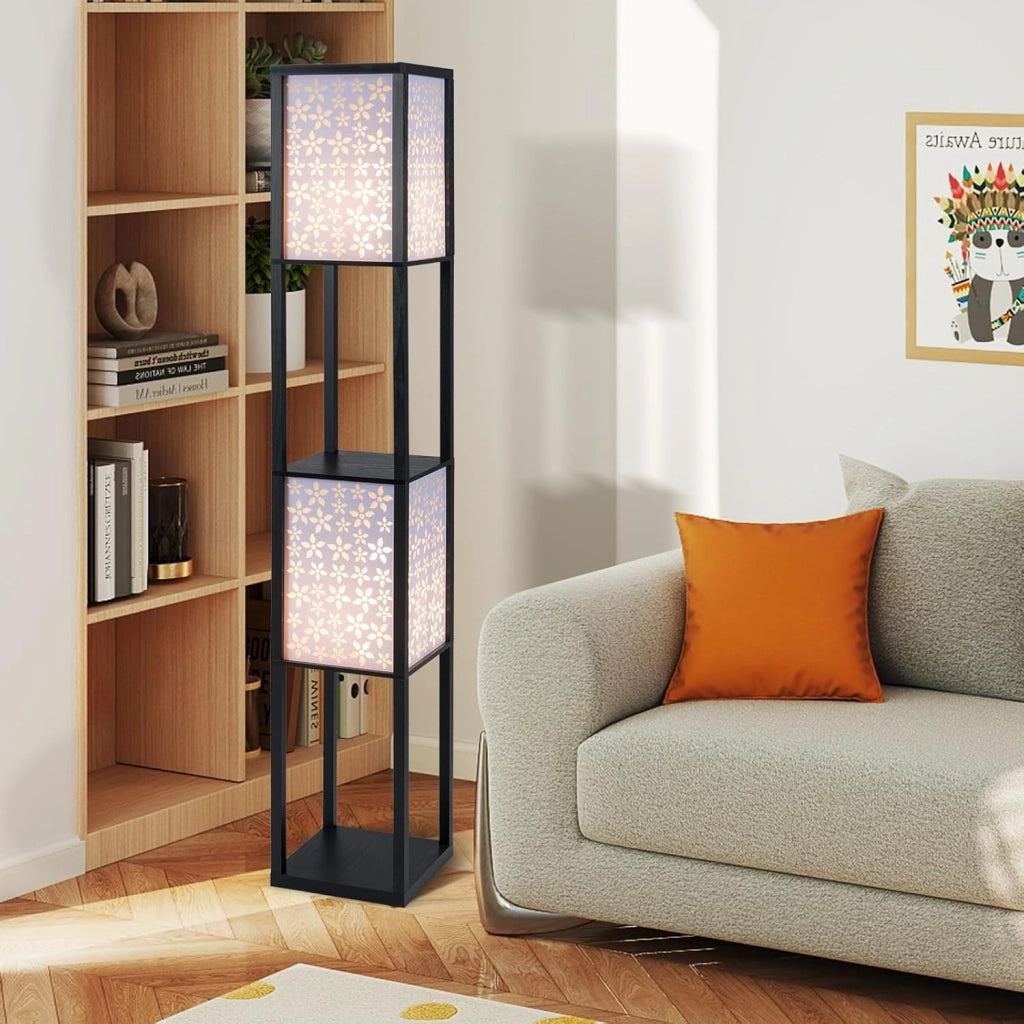 Lampada da Terra a 2 Luci con Mensole, Lampada a Stelo con 2 Paralumi Traforati, Catena a Strappo e Interruttore a Pedale, Richiede Lampadine E27, per Salotto e Camera da Letto (Fiori)
