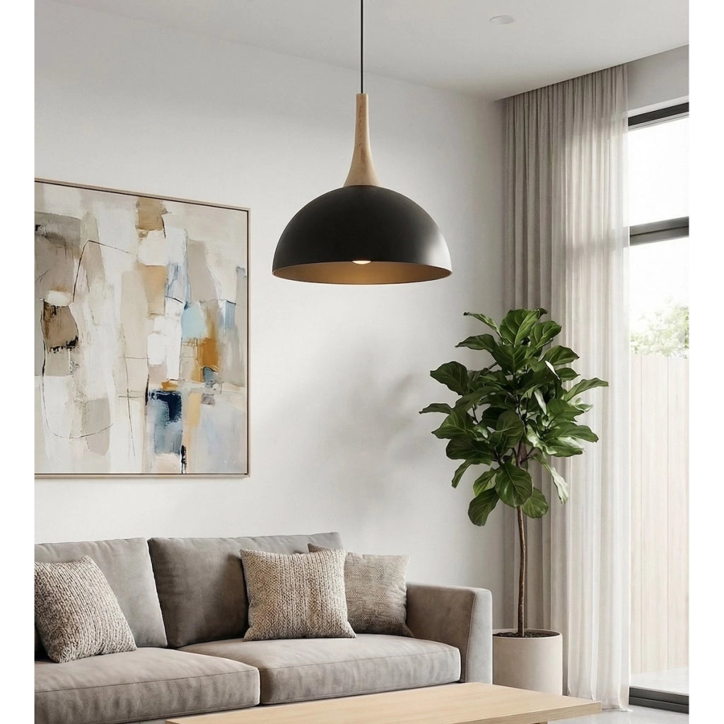 Lampada a sospensione Nautica in acciaio nero opaco e legno