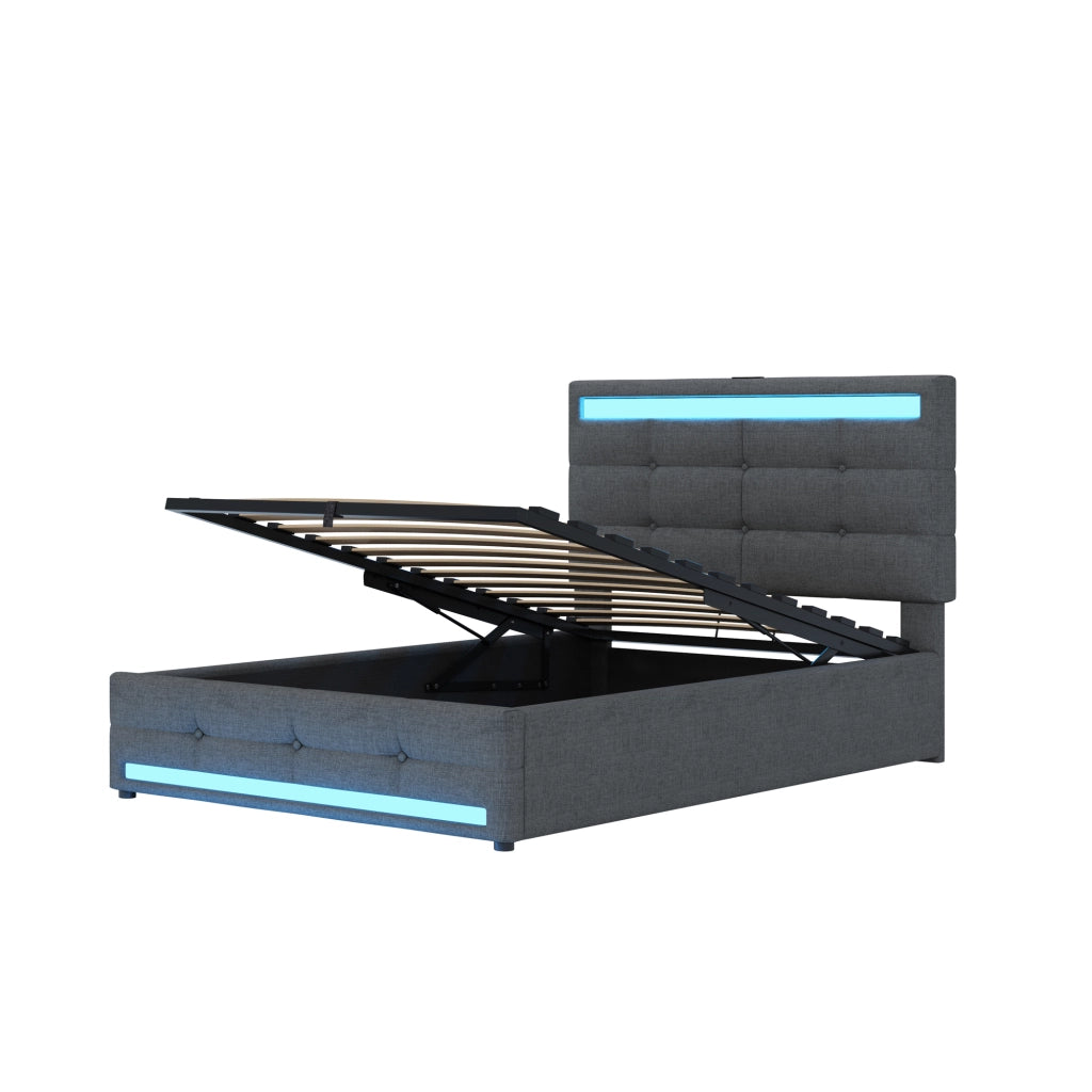 Letto imbottito 90x200 cm con luci LED RGB, porte USB, testiera regolabile e struttura salvaspazio, grigio