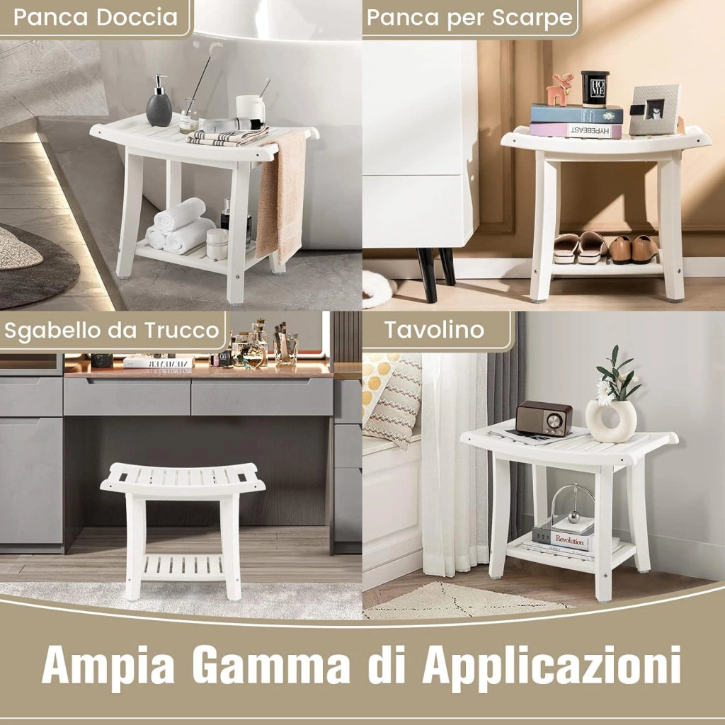 Panca da Doccia, Sgabello da Bagno Impermeabile con Sedile Curvo, con Portasciugamani e Piedini Antiscivoli, Panca Versatile con Ripiano, 60,5 x 34 x 48 cm