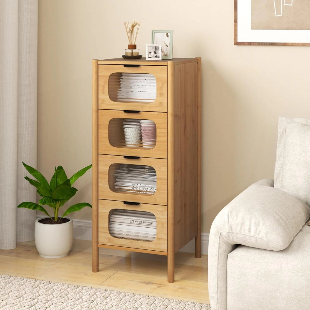 Cassettiera a 4 Cassetti in Bambù e Vetro, Cassettiera Alta per Camera da Letto, Credenza Salvaspazio per Soggiorno, Ingresso e Corridoio, 40 x 40 x 97 cm, Naturale