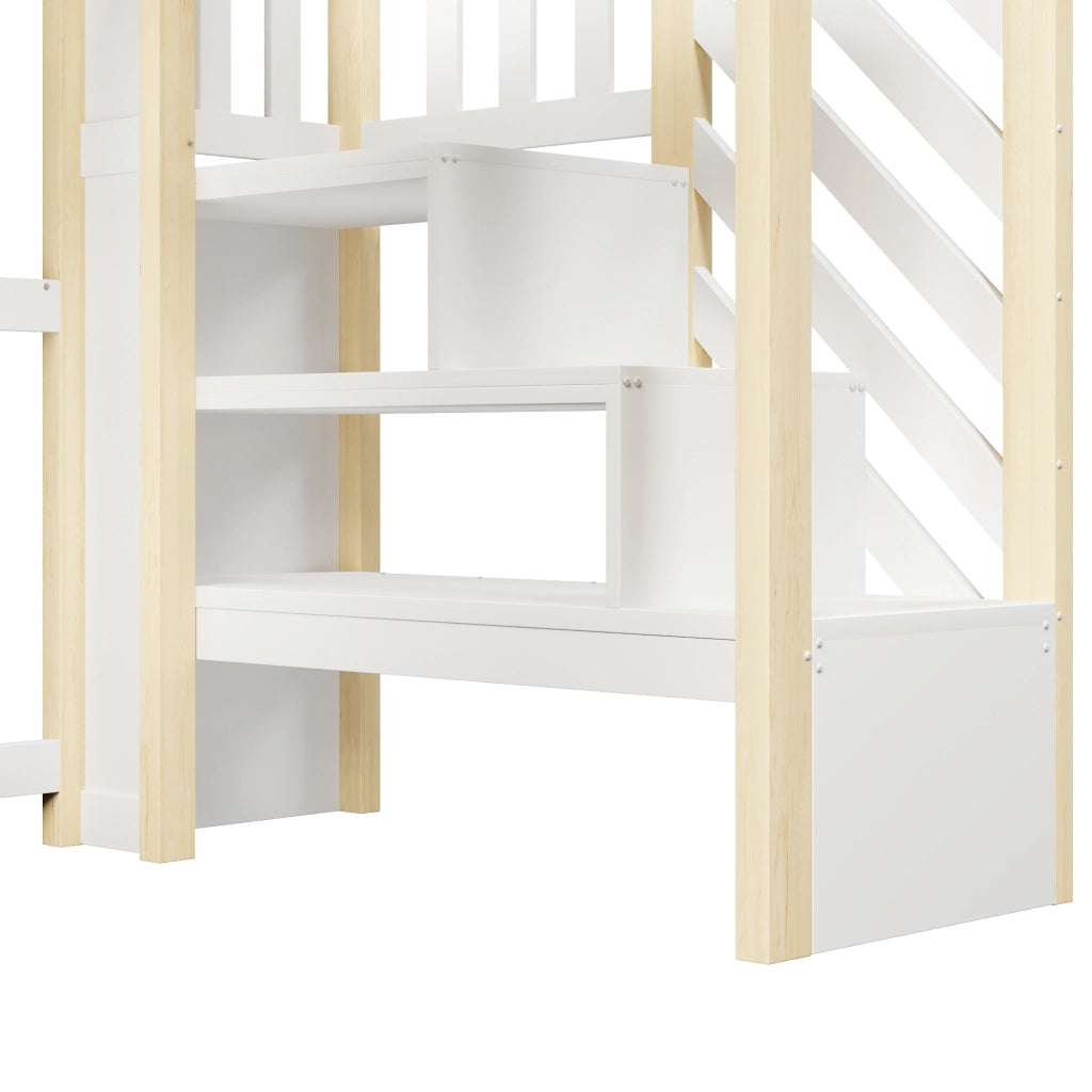 LETTO a soppalco 90x200 cm Bianco/Naturale con scala contenitore e LED