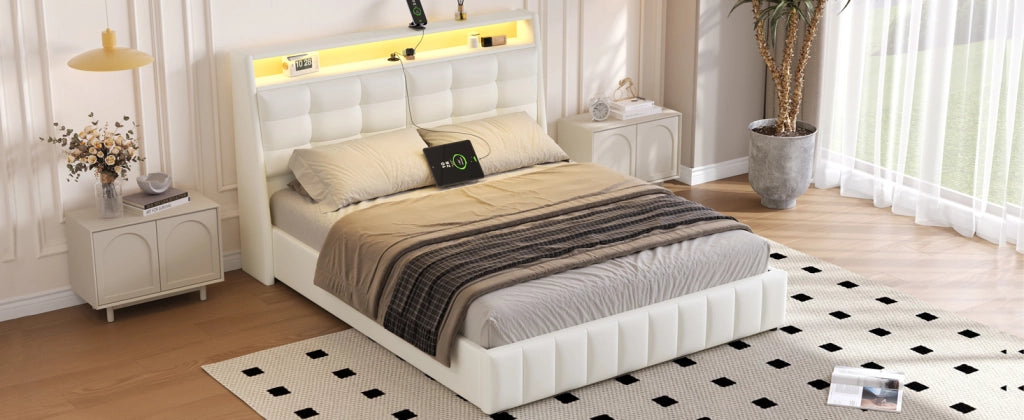 DESMIU Letto piattaforma 160 × 200 cm 2 posti con LED, USB e vano contenitore, senza materasso, in PU, bianco