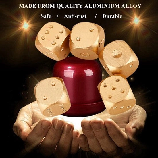 Set di Dadi in Acciaio Inox da 5 - Dadi in Oro - Lega di Alluminio - Scatola di Ripristino - Gioco da Tavolo - Resistente all'Ossidazione - Duraturo - Giochi da Tavolo