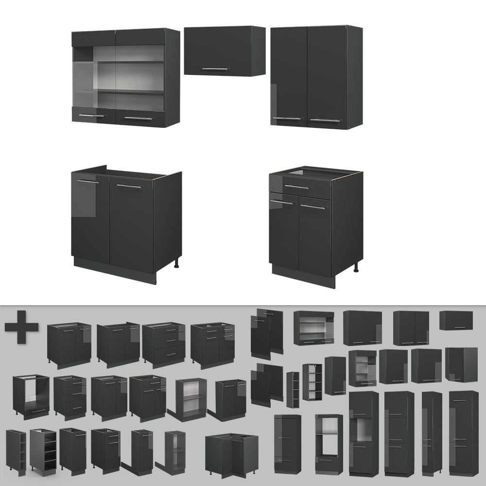 Cucina componibile Fame-Line Antracite lucido/Antracite 200 cm, PL Rovere Vicco