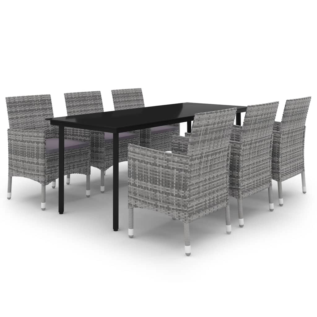 Set da pranzo per esterni composto da 7 pezzi con cuscini realizzato in resina intrecciata e vetro grigio (02_0014451)