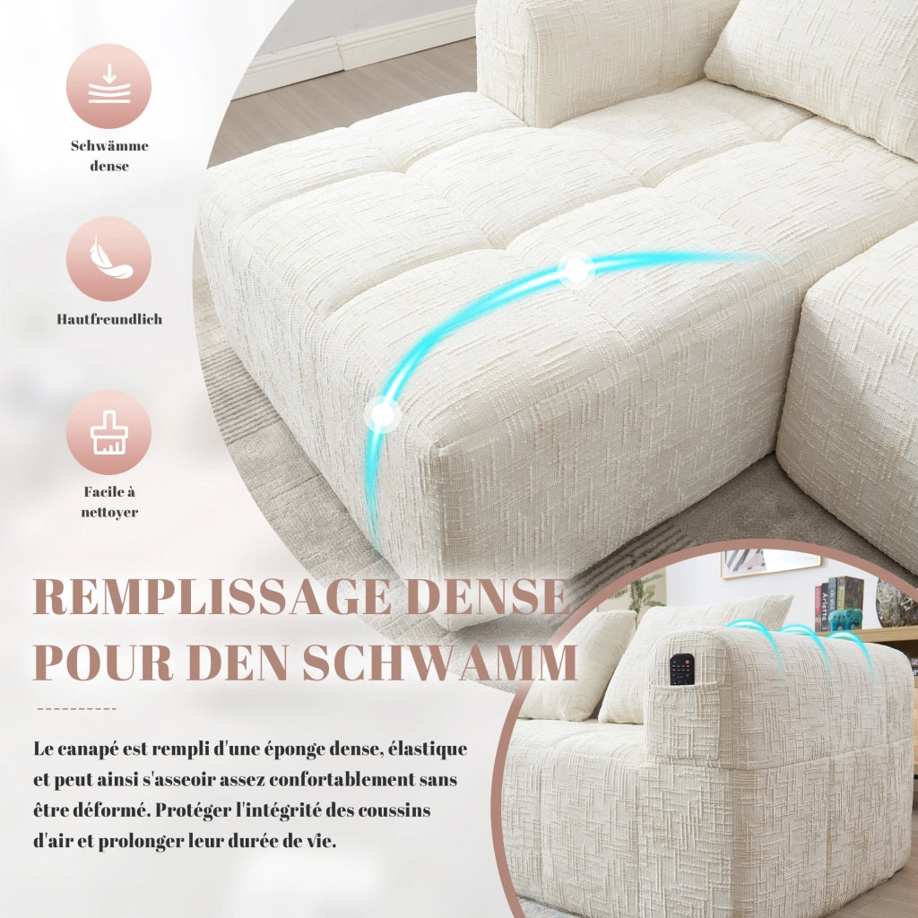 Divano Modulare 3 Posti con Chaise Longue, Tasche laterali e 3 Cuscini, in Ciniglia Beige