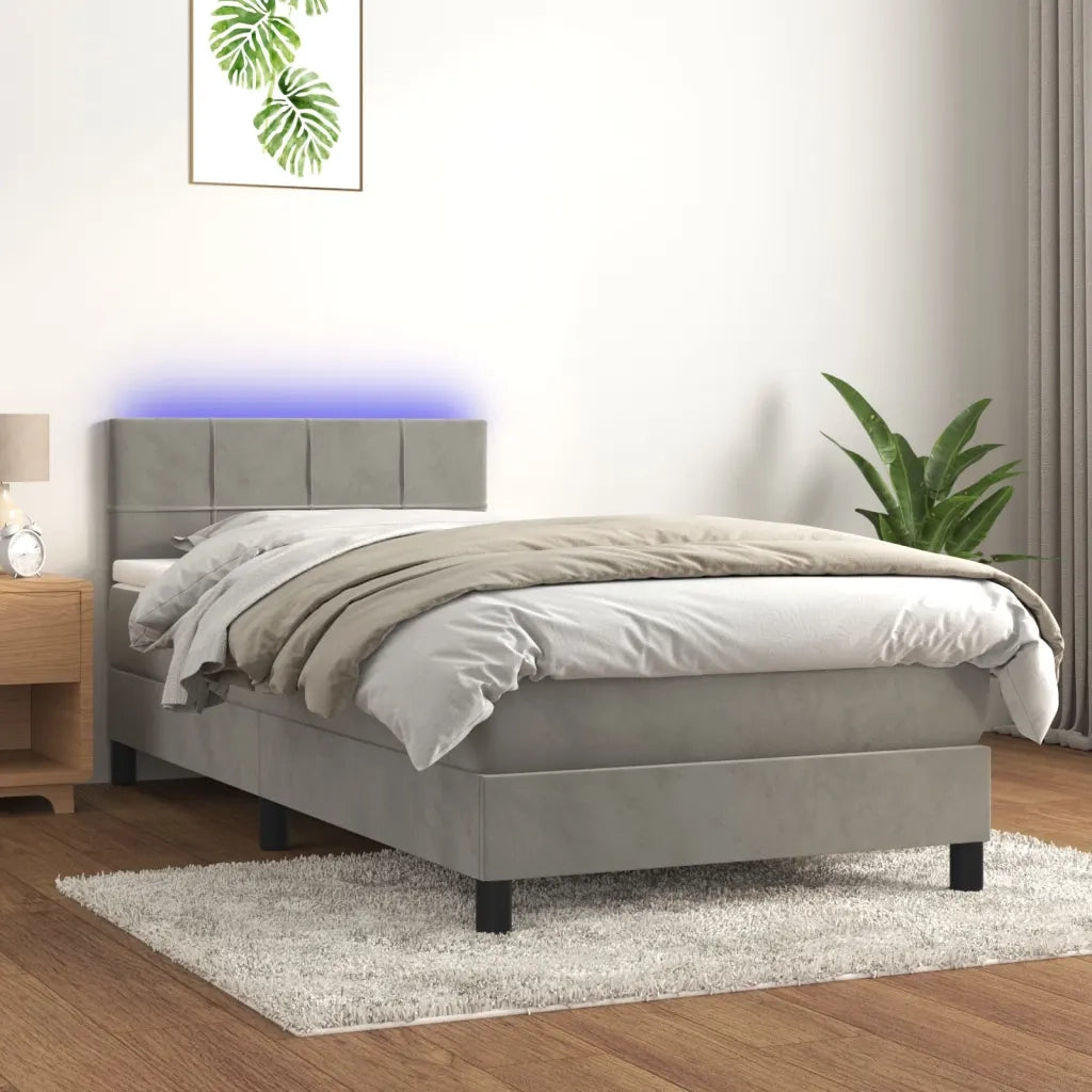 Letto a Molle con Materasso e LED Grigio Chiaro 100x200 cm Velluto