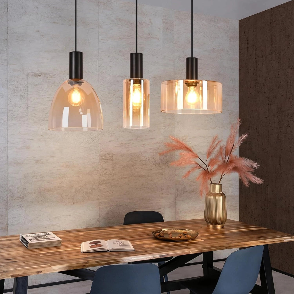ZMH Lampada a Sospensione 3 Luci Vetro Ambra Industriale Altezza Regolabile per Soggiorno Sala da Pranzo Senza Lampadina