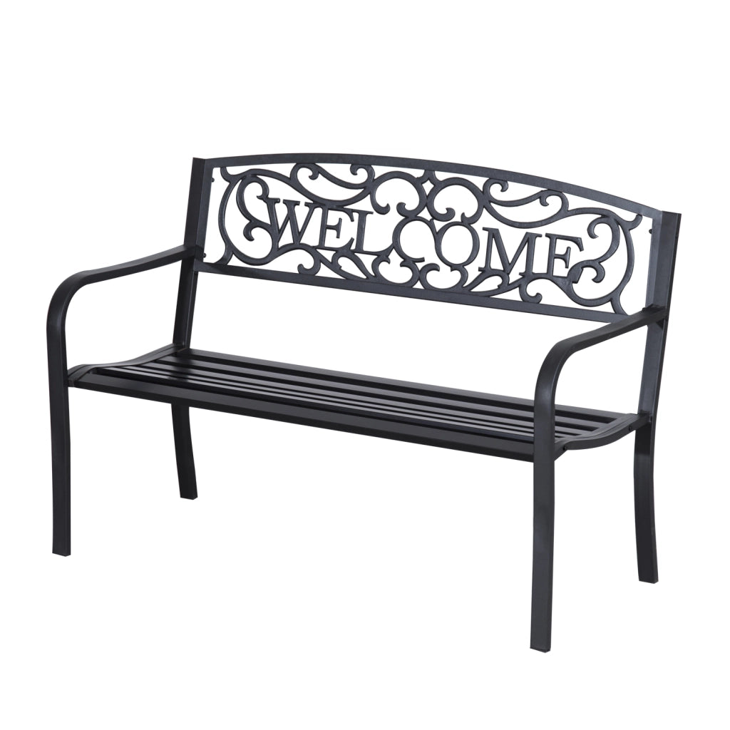 Panchina da giardino 2 posti in ferro nero, design decorativo con schienale “WELCOME”