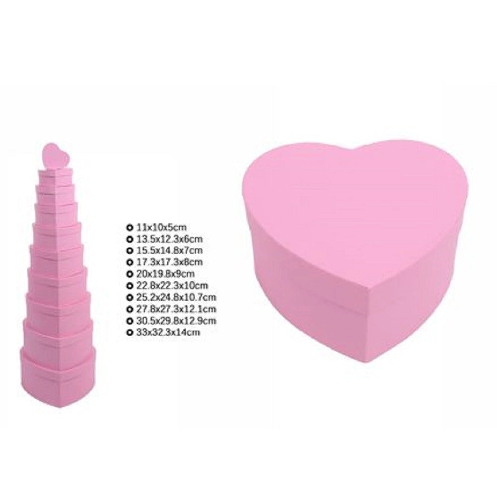 Trade Shop - Set 10 Pz Scatole Box Per Regali Varie Misure Matrioska Forma Cuore Rosa 71958 -
