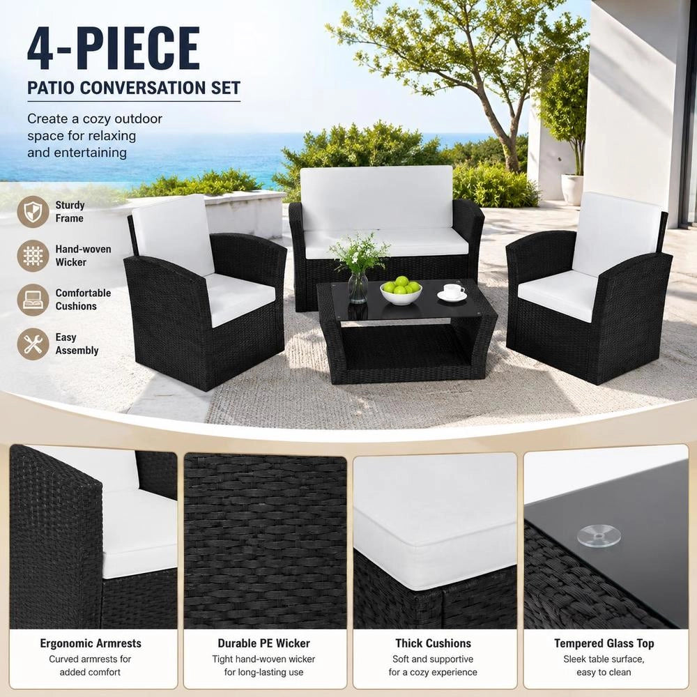 4-piece Garden Lounge Set With Cushions, Poly Rattan, Black