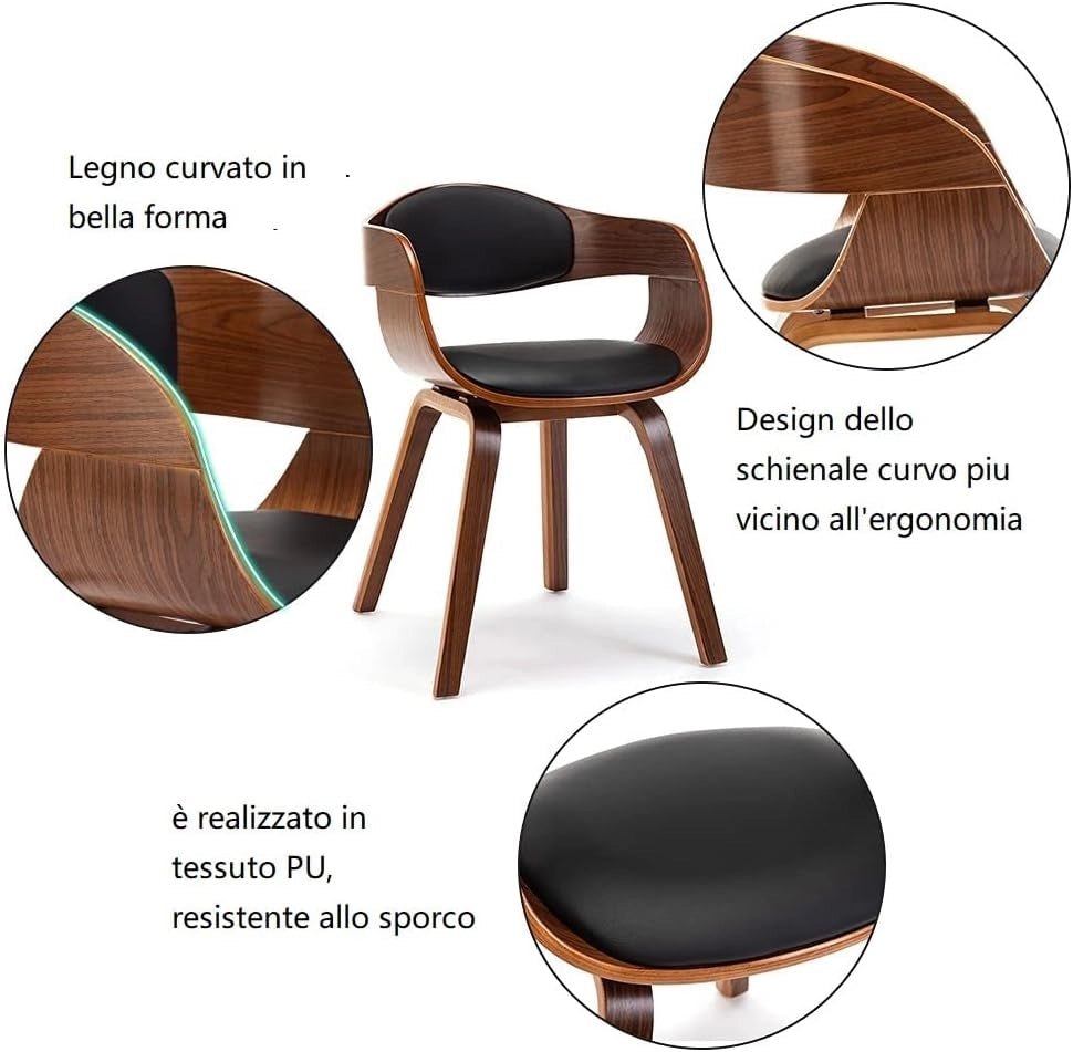 Sedia con Braccioli da Pranzo, Sala, Studio e Soggiorno - Seduta e Schienale Imbottiti, Gambe in Legno Massello (Nero)