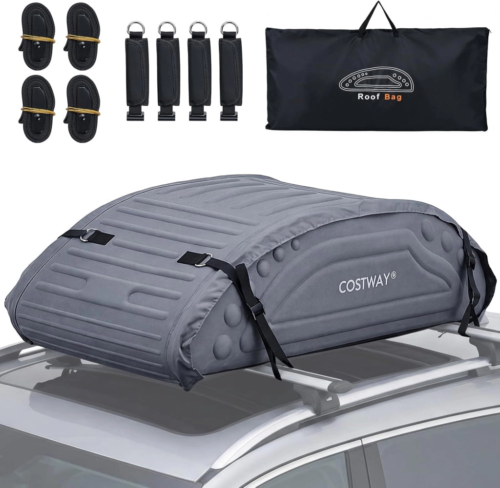 Borsa da Tetto per Auto Impermeabile 14Cu.Ft/400L, Box Tetto Universale Pieghevole con Borsa+ 4 Cinghie Rinforze+ 4 Ganci, Portabagagli per Tutti i Veicoli con/senza Barre Portapacchi (Grigio)