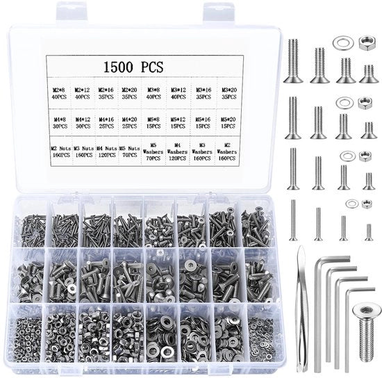 Assortimento di viti, dadi e anelli di chiusura, viti a testa sottile, viti a testa piatta per macchine, viti cilindriche in acciaio inossidabile, M2 M3 M4 M5 (1500 argento)