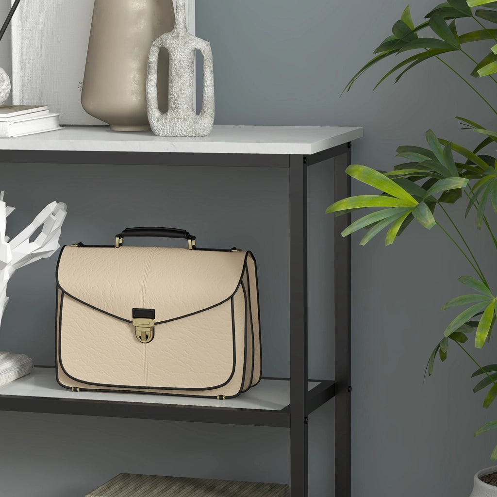 Tavolo consolle moderno bianco con 2 ripiani aperti, struttura in acciaio e pannelli truciolari, 100 x 30 x 80 cm