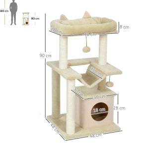 Tiragraffi per gatti multi-livello con amaca, cuccia e gioco a pallina, 48 x 48 x 90 cm, bianco crema