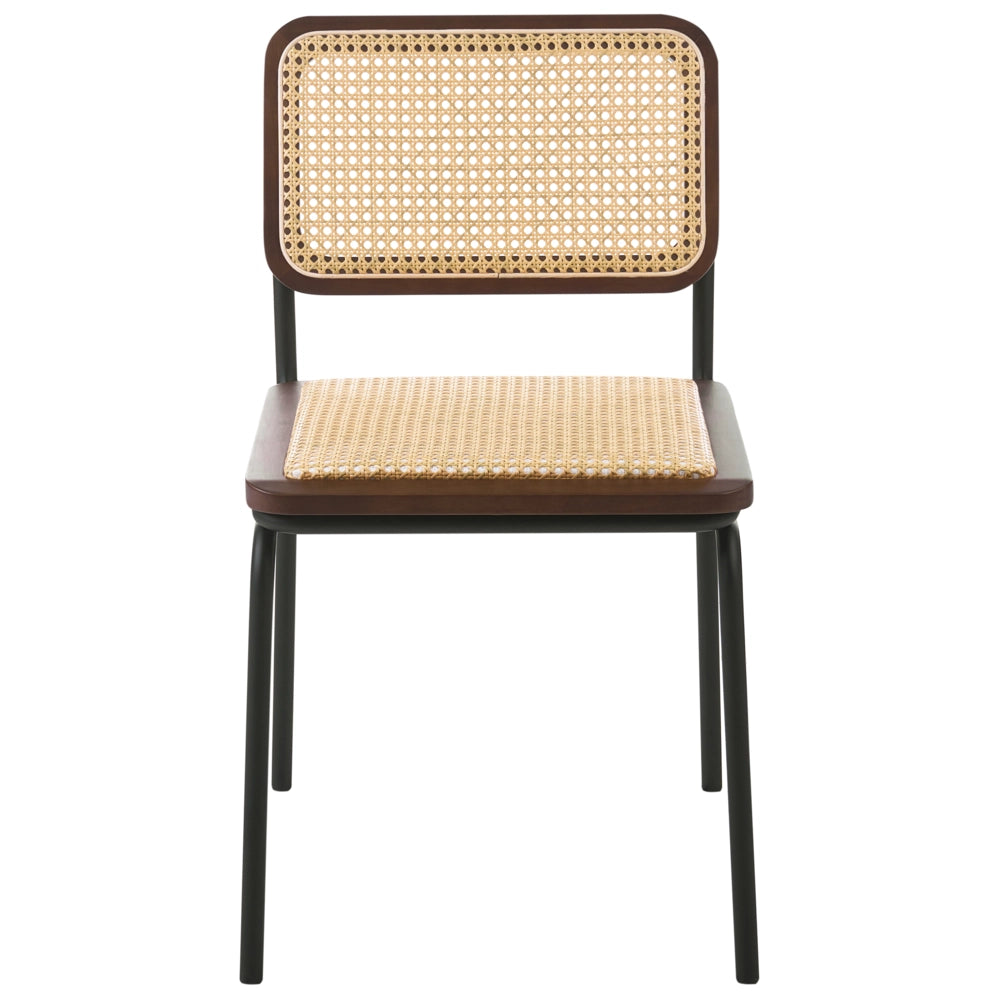 Set di 2 sedie da pranzo con seduta e schienale in rattan PE marrone gambe in ferro senza braccioli cappucci protettivi design boho moderno
