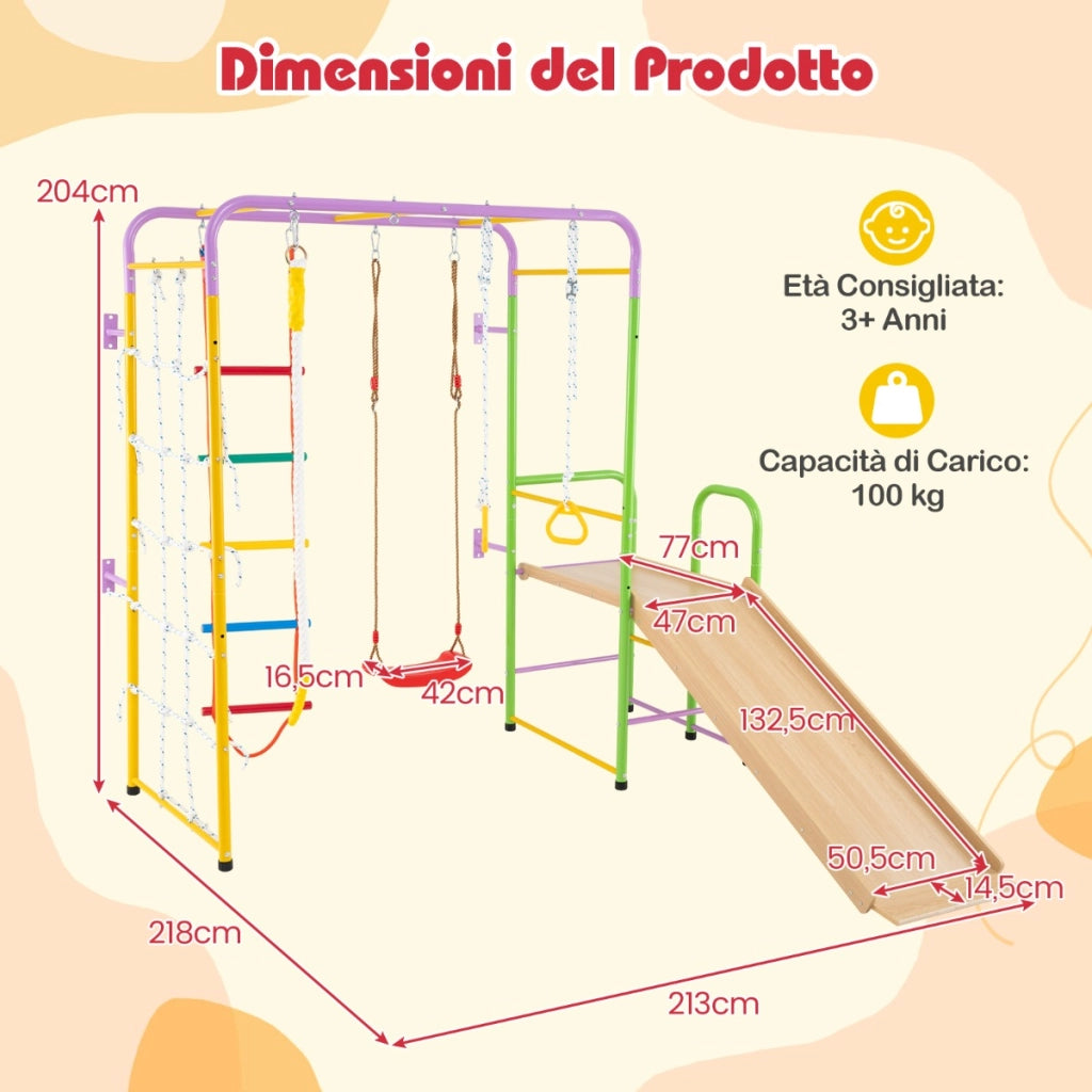 Playset da arrampicata 8 in 1 con barre parco giochi da interno anelli ginnici-Set giocattoli scivolo per bambini regalo per et¨¤ 3+