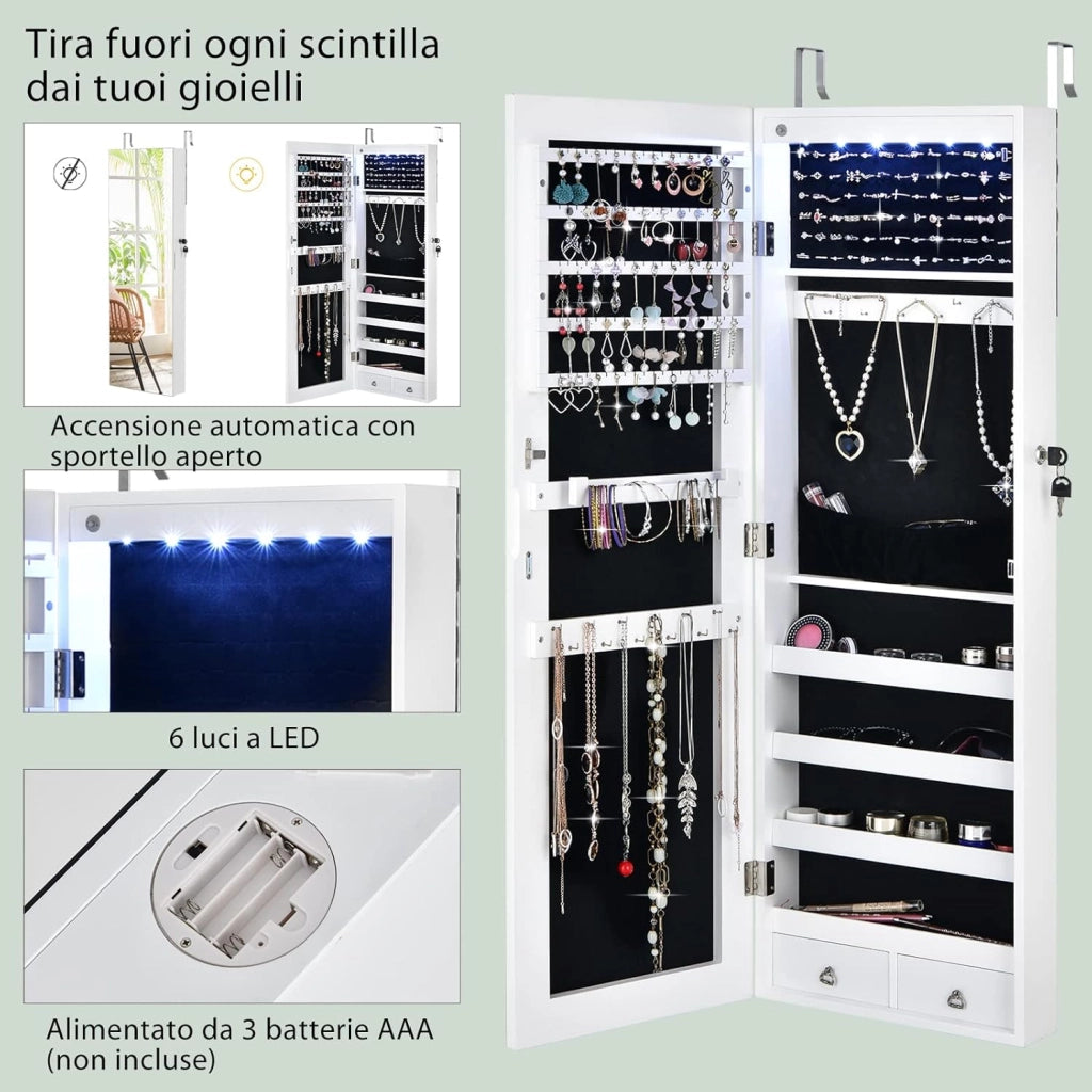 Armadietto Portagioie con Specchio, Armadio per Gioielli con 6 Luci LED e Cassetti, Organizer Gioielli per Camera da Letto e Cabina Armadio, 36 x 10 x 108 cm (Bianco)