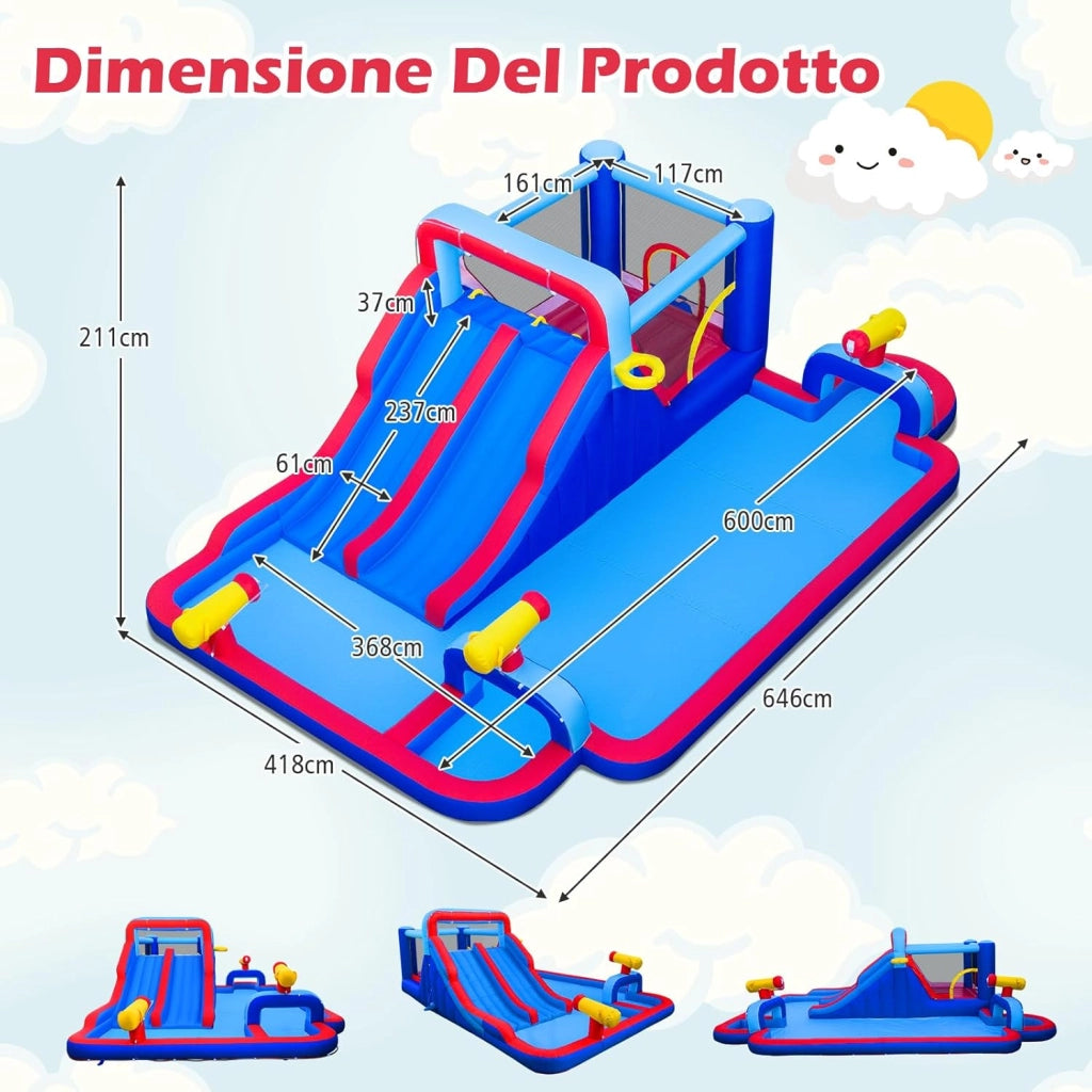 Parco Gonfiabile Scivolo d'Acqua, Grande Castello Gonfiabile con Doppio Scivolo, Piscina d'Acqua, Area Salto, Parete Arrampicata, Canestro da Basket e 3 Cannoni d'Acqua, 646 x 418 x 211 cm