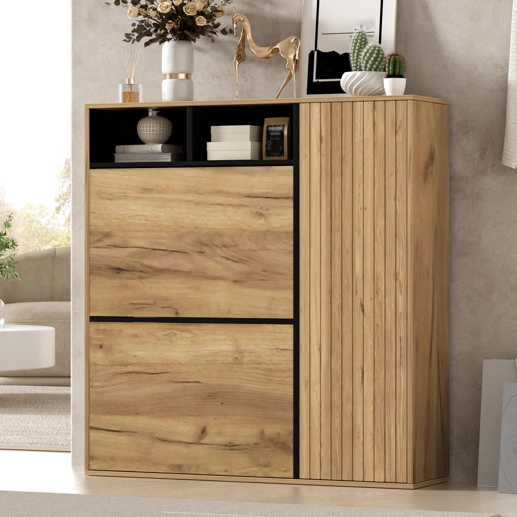 Armadio scarpiere sottile con 2 ribalte e 1 anta, ripiani regolabili, design legno e nero, 90x24x94 cm