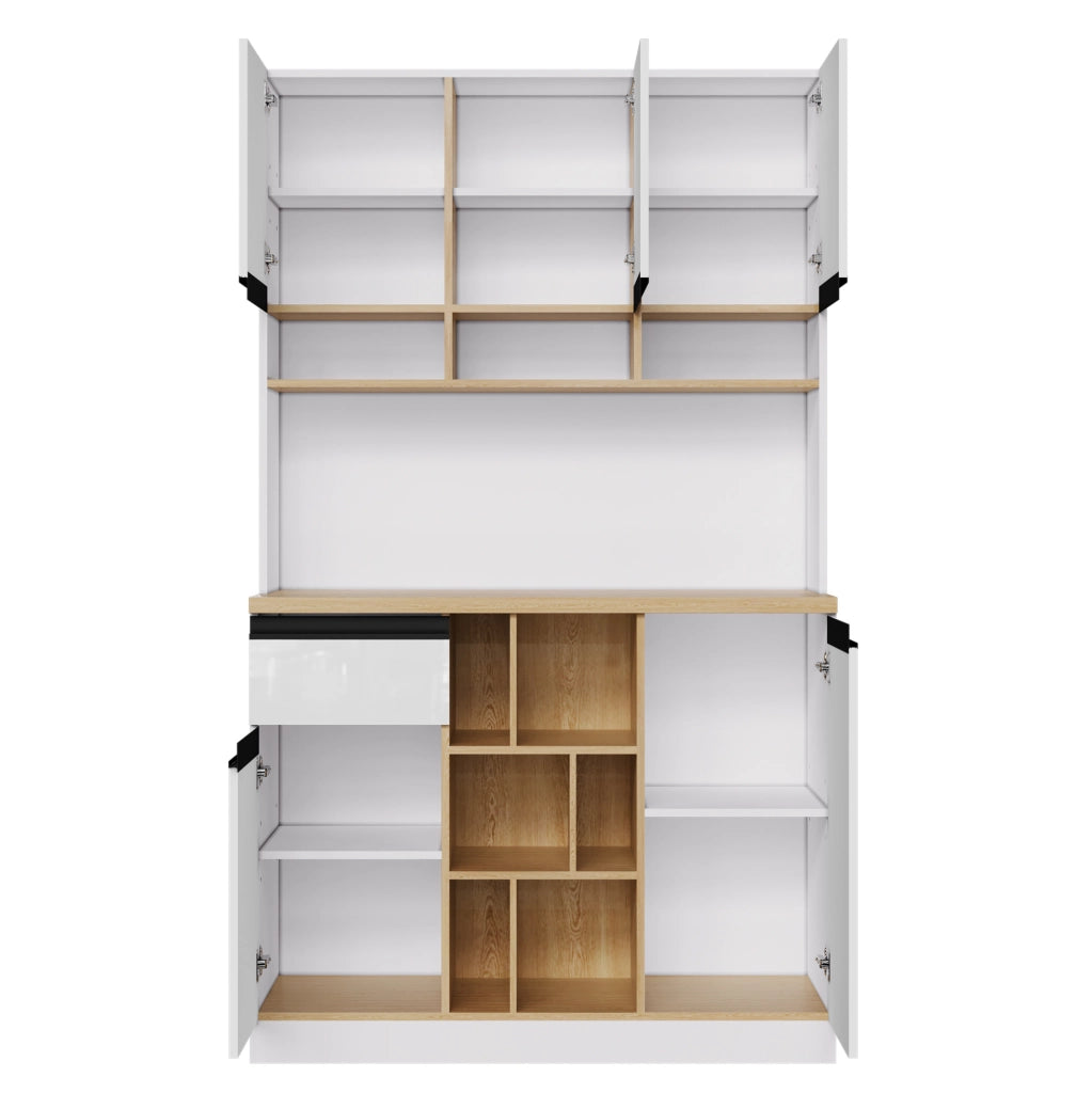 Credenza 105x45x185 cm con ante lucide; ripiani regolabili; MDF bianco