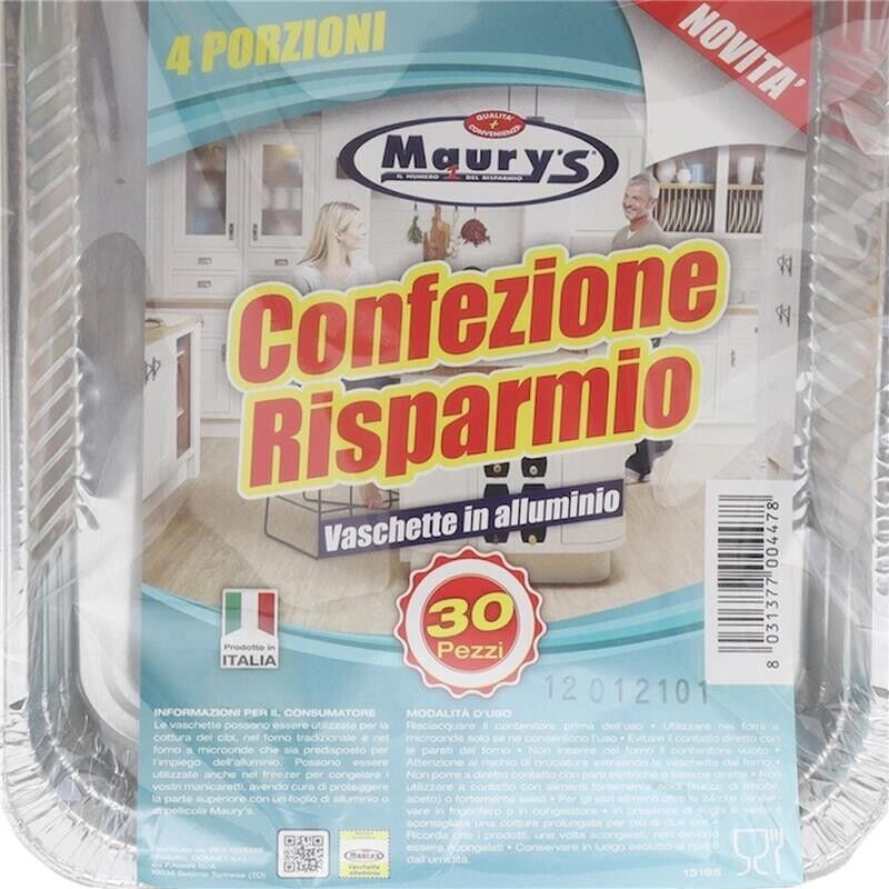 MAURY'S CONTENITORI ALLUMINIO 4 PORZIONI 30PZ PER COTTURA E CONSERVAZIONE ALIMENTI
