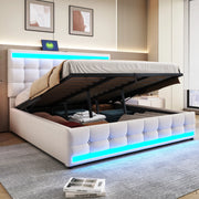 OKWISH Letto Imbottito 180×200 cm, Letto Matrimoniale con LED RGB Regolabile, USB e Testiera Regolabile, senza Materasso, Beige