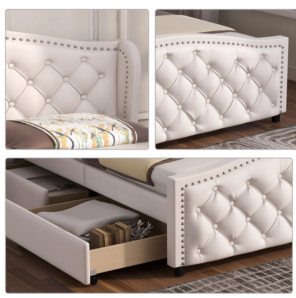 Letto matrimoniale imbottito 160x200 cm con 2 cassetti, bianco