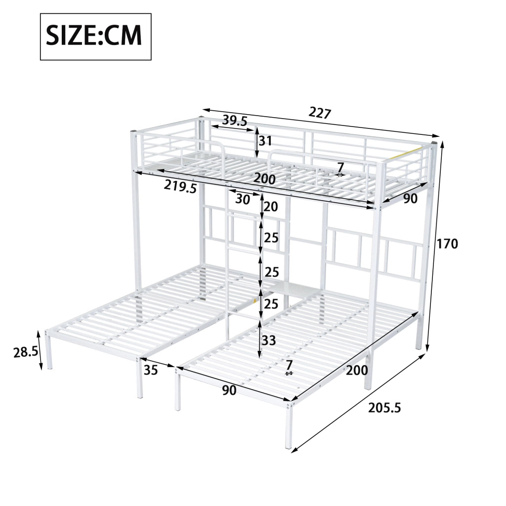 OKWISH Letto a Castello 90×200 cm, Letto 3 Posti con Scala, Sponde di Sicurezza e Tavolo, senza Materasso, in Metallo, Bianco