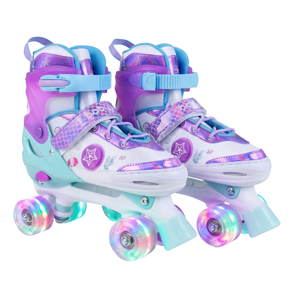 Pattini a rotelle per bambini da 9-14 anni regolabili in 4 taglie, Pattini quad con ruote luminose protezione di sicurezza Viola
