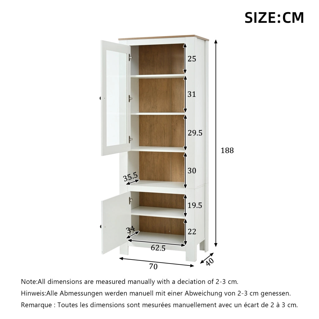 Vetrina con 2 ante; 6 vani; ripiani regolabili e LED - 70x40x188 cm - bianco