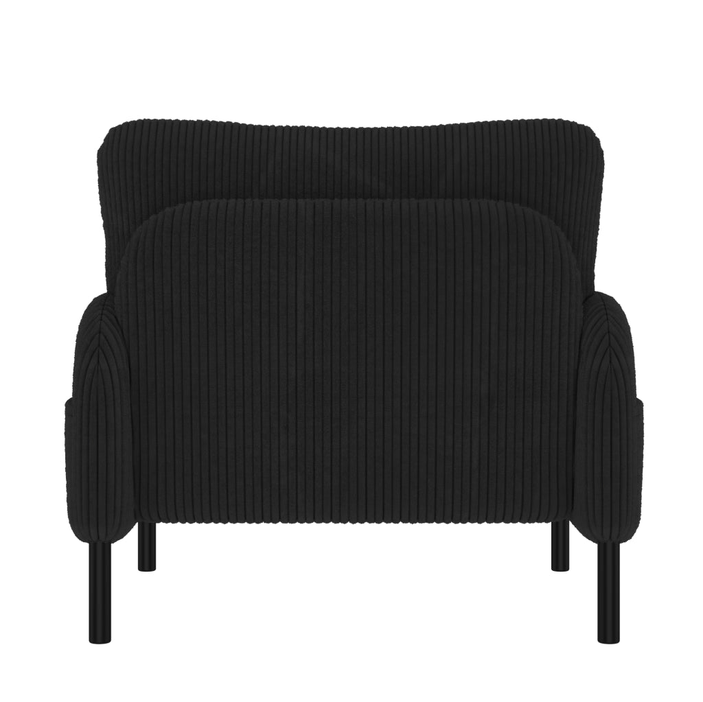 Set divano 2 posti; poltrona e pouf in velluto a coste nero con tasca laterale