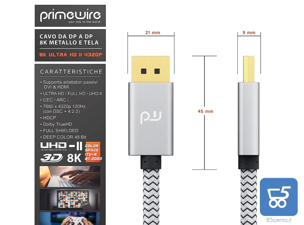 Primewire 1m Cavo DisplayPort 8k Audio Video Display Port DP to DP Alta qualitá 7680 x 4320 a 60 Hz - 3840 x 2160 a 120 Hz - 1920 x 1200 a 240 Hz - 32,4 Gbit/s