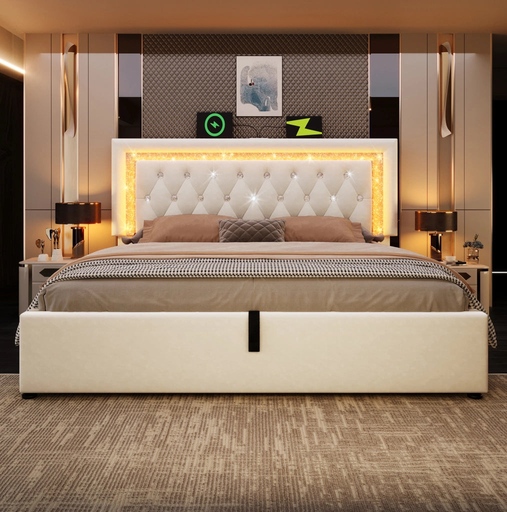 Letto matrimoniale 160x200 in velluto con LED, USB-C e materasso
