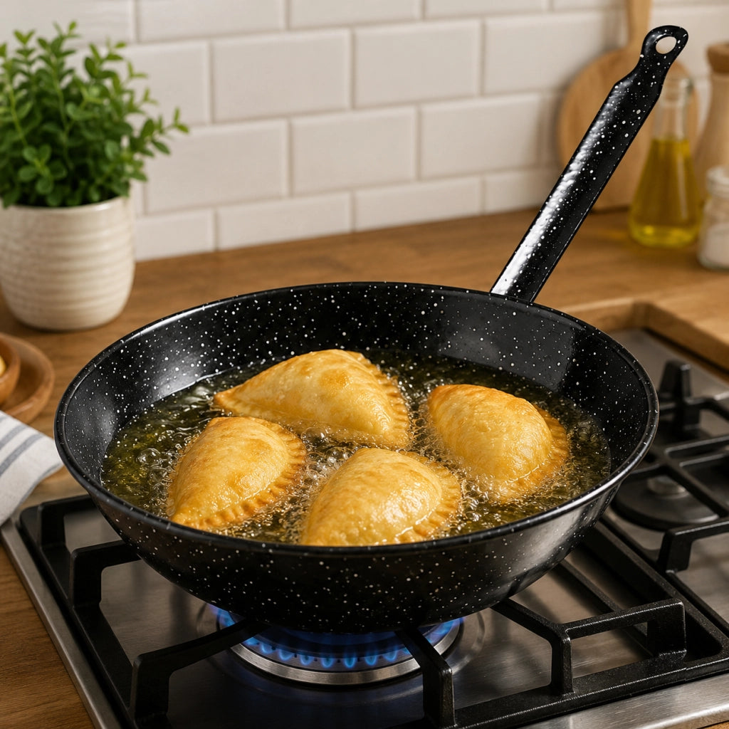 Padella Fonda Smaltata per Fritture,Wok, Cucina al Salto , Nera con Manico, Compatibile con Induzione, Gas, Cucina 24 cm