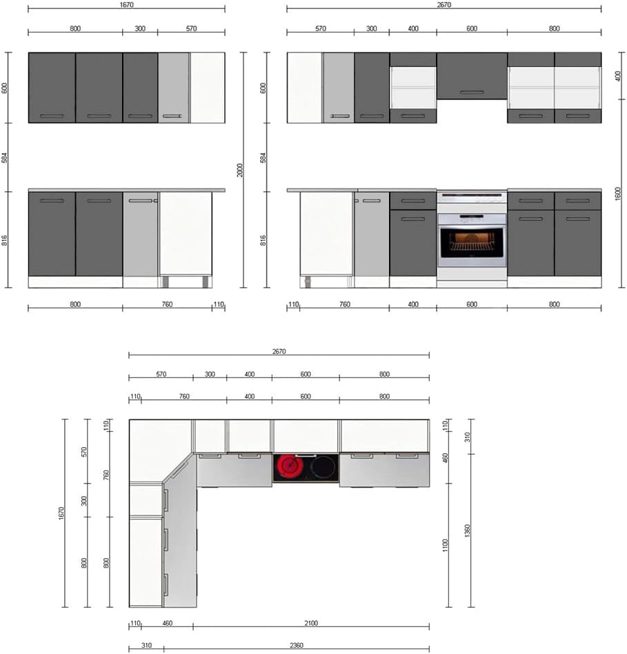 Cucina angolare completa Rick, Antracite lucido, 167 x 60 cm, PL Marmo con striscia LED