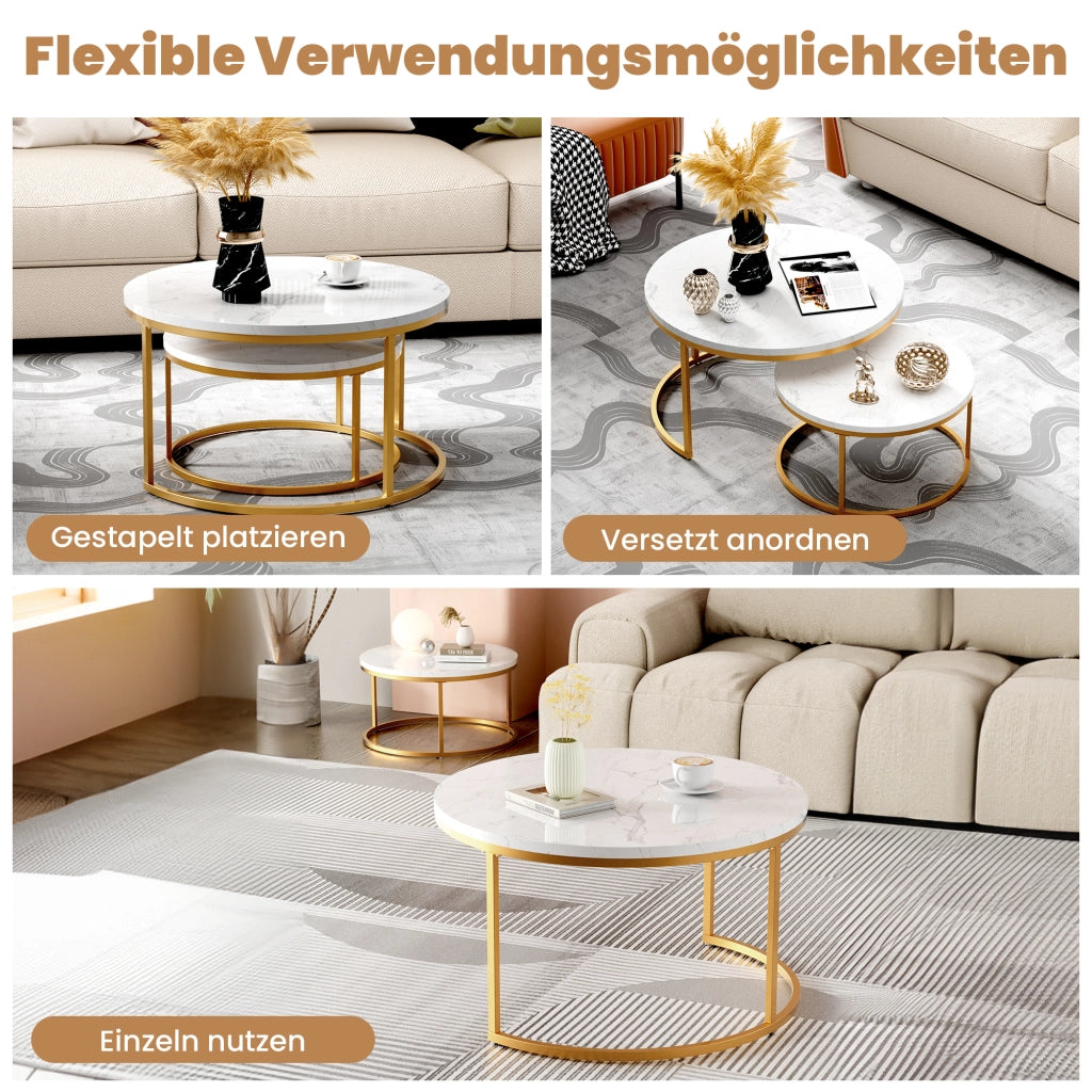 TAVOLINO DA CAFFÈ Set 2 Pezzi 80x45 cm Effetto Marmo Bianco con Struttura color oro