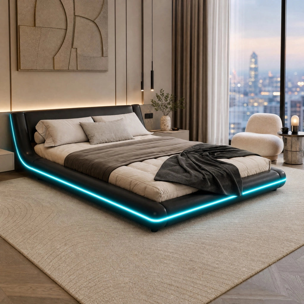 LETTO a pavimento 140x200 cm PU Nero con illuminazione LED