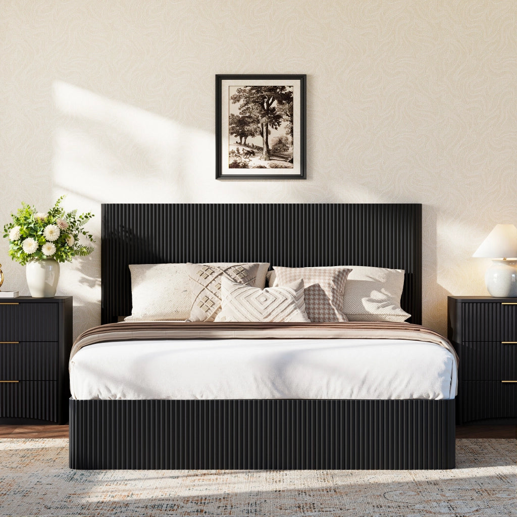 Letto contenitore 160 × 200 cm con sollevamento idraulico, grande vano, testiera a rilievo, senza materasso, nero