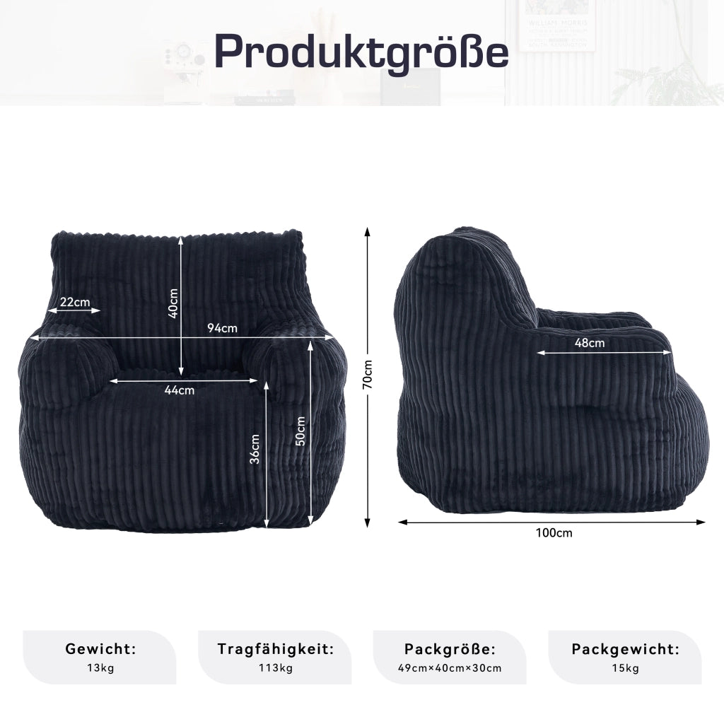 Pouf sacco imbottito in morbido corduroy nero, 100 × 94 × 70 cm, portata 110 kg