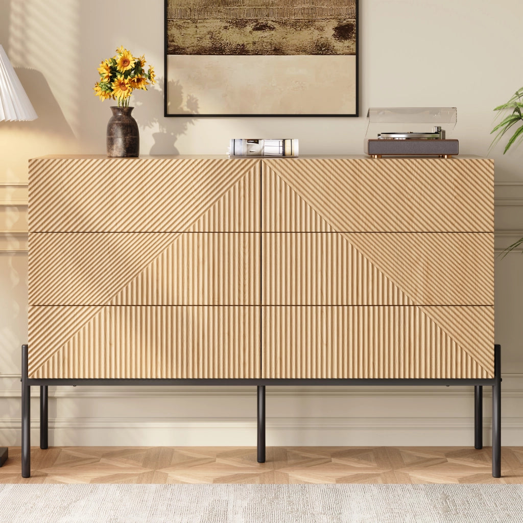 Credenza con 6 Cassetti e Gambe in Metallo; Frontale 3D Geometrico; Stile Moderno; in MDF; Naturale; 115;5??38??75 cm